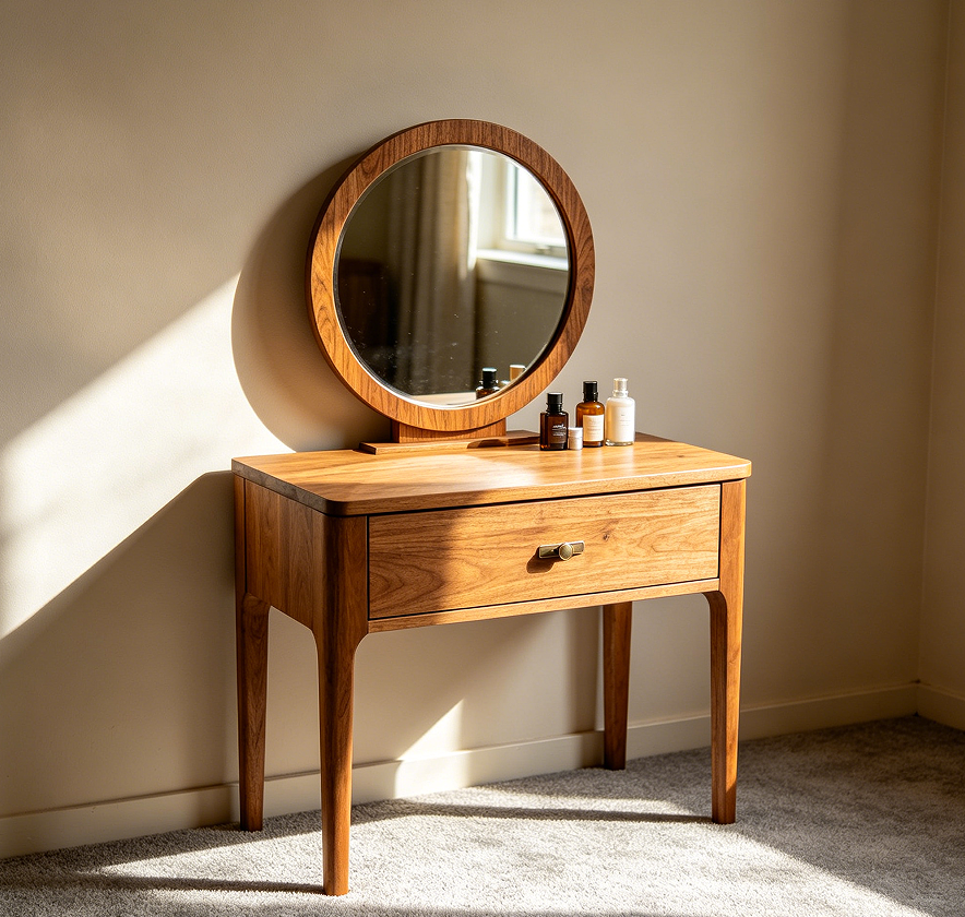 Small Vanity Table with Round Mirror and Single Drawer